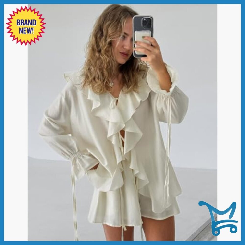 Long Sleeve Ruffle Top with Shorts Two Piece Set Size Medium Polyester - Picture 2 of 5